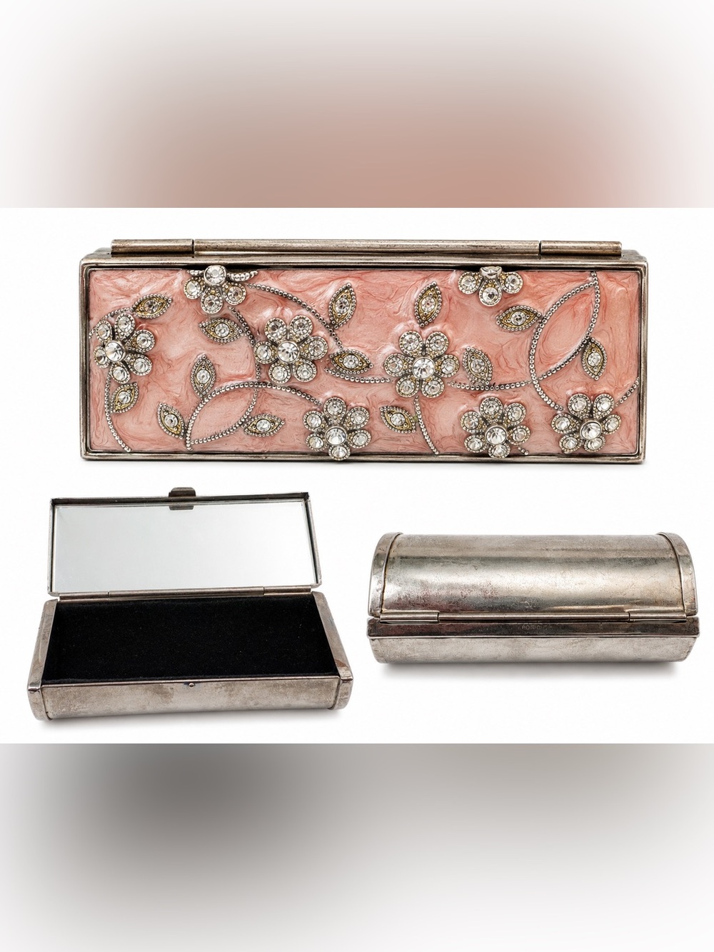 Argento SC Pink Enamel Swarovski Crystal Lipstick Case Mirror Vintage